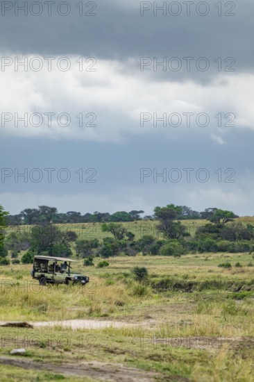 Safari vehicle in the savanna, Serengeti National Park, Tanzania