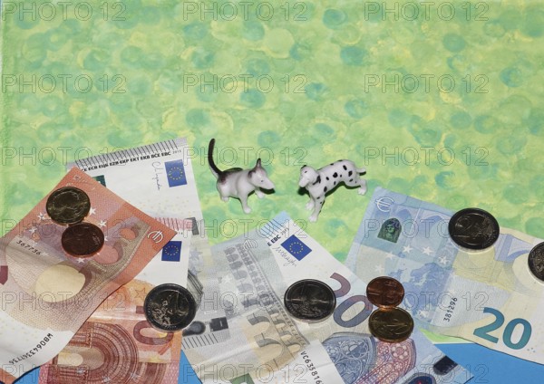 Bull terrier and Dalmatian miniature figure standing on green background with euro coins and notes, North Rhine-Westphalia, Germany