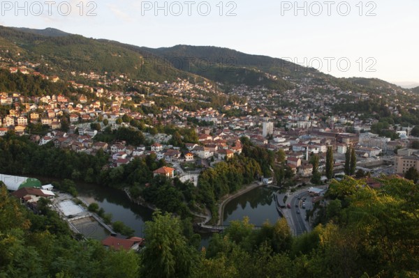A beautiful evening panoramic view from the park on the mountain above Sarajevo City, of Bosnia and Herzegovina, Balkans