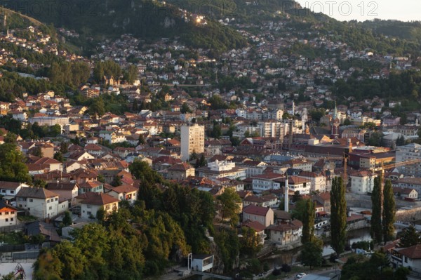 Sarajevo, Bosnia. July 25th 2019 A beautiful evening panoramic view from the park on the mountain above Sarajevo City, of Bosnia and Herzegovina, Balkans
