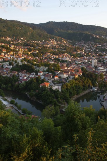 A beautiful evening panoramic view from the park on the mountain above Sarajevo City, of Bosnia and Herzegovina, Balkans