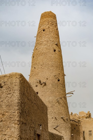 Siwa Oasis, Egypt. April 12th 2018. A traditional mud brick tower in the ruined fortress city of Shali, Siwa Oasis, Egypt