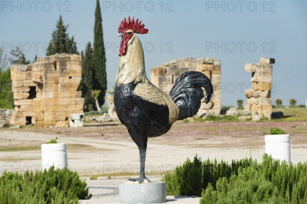 Pamukkale, Turkey, April 25th 2020 Large statue of a rooster cock chicken at the entrance to Pamukkale, local symbol or mascot of the province of Denizli, in western Turkey