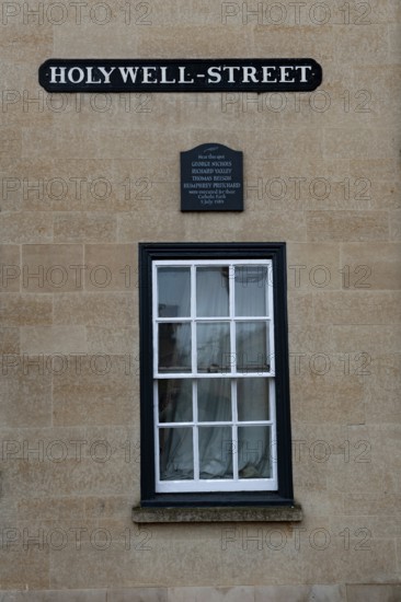 Oxford, England, UK. February 2nd, 2020 A window and plaque on Hollywell Street in the University City of Oxford. UK