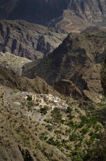 The green mountains called Jebel Akhdar of the Hajar mountain range, the harsh interior of Oman, home of traditional rose harvesting and fruit farming