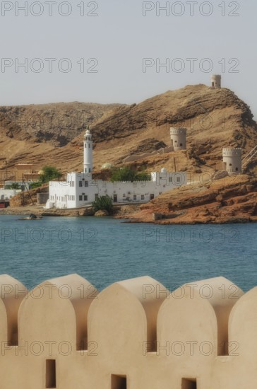 Sur, Oman. 27th May 2014 Seaside Mosque in the fortified port city of Sur on the coast of the Gulf of Oman