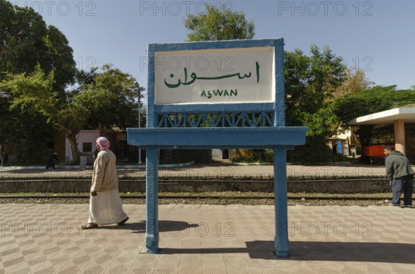 Aswan, Egypt. 7th January 2013 Platform sign at Aswan railway station, Upper Egypt