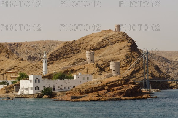 Sur, Oman. 27th May 2014.Beautiful seaside mosque in the fortified port city of Sur on the coast of the Gulf of Oman