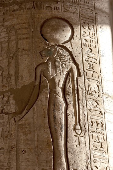 Hieroglyphic relief details from the Ramesseum, memorial temple or mortuary temple of Egyptian Pharaoh Ramesses II, part of the Theban Necropolis on the West Bank of the Nile, Luxor, Upper Egypt