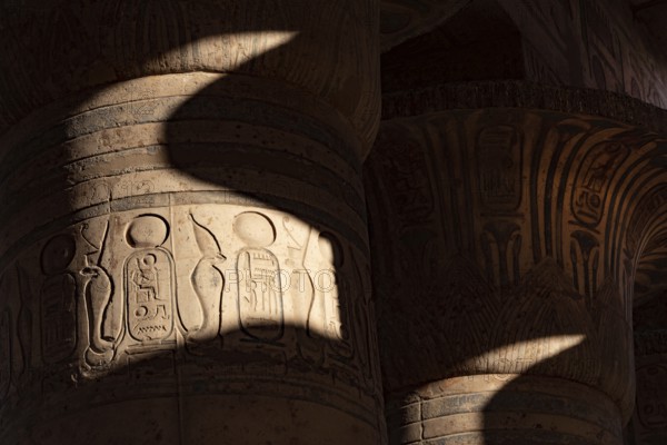 Hieroglyphic relief details from the Ramesseum, memorial temple or mortuary temple of Egyptian Pharaoh Ramesses II, part of the Theban Necropolis on the West Bank of the Nile, Luxor, Upper Egypt