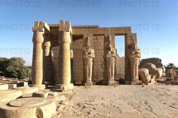 The Ramesseum, memorial temple or mortuary temple of Egyptian Pharaoh Ramesses II, part of the Theban Necropolis on the West Bank of the Nile, Luxor, Upper Egypt
