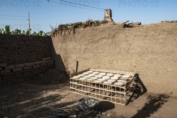 Freshly made dough to make traditional bread drying in the sun outside a typical mud brick house in a Nile side village in Upper Egypt. Africa