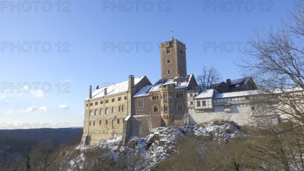 Wartburg in Eisenach under clear blue sky, hiking on the Rennsteig, Thuringian Forest nature park Park
