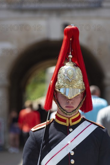 London, United Kingdom. July 9th 2022 Mounted Royal Guard, A Cavalry Soldier and member of the Queens Life Guard at the entrance to Horse Guards Parade in Whitehall, Central London, Great Britain