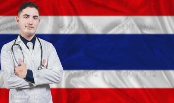 Portrait of medical professional on Thailand flag background. Thai national health system