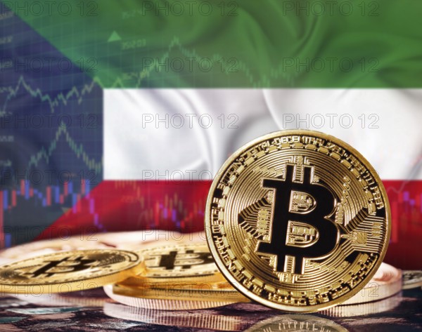 Bitcoin with Kuwait flag in the background. Investors in cryptocurrency and Blockchain Technology in Kuwait, Concept