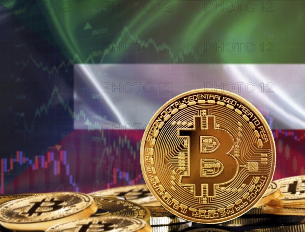 Investors in cryptocurrency and Blockchain Technology in Kuwait, Concept. Bitcoin with Kuwait flag in the background