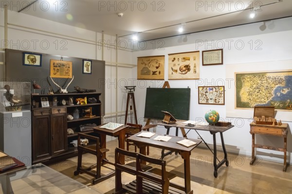 Vintage classroom with old wooden desks, a chalkboard, and display cases showcasing historical educational artifacts, including anatomical charts, maps, and animal specimens for science study