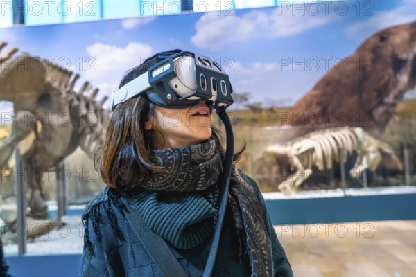 Woman experiencing virtual reality with a headset on, exploring ancient animals and paleontology in a modern museum exhibition, blending technology with education