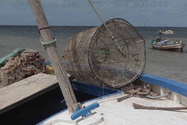 Fishing nets on a boat moored in the Kerkennah Archipeligo in the Gulf of Gabes in the Mediterranean Sea, Tunisia, North Africa