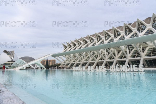 The museu de les ciencies principle building stands prominently against a cloudy sky, reflecting in the large light blue pool, showcasing its distinctive futuristic architecture