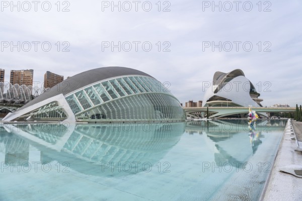 City of arts and sciences in valencia featuring futuristic l'hemisferic and palau de les arts reina sofia reflected in calm pools, sleek glass and steel architecture under a cloudy sky
