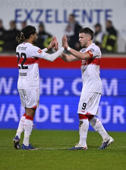 Goal celebration Ermedin Demirovic VfB Stuttgart (09) Lorenz Assignon VfB Stuttgart (22) Soccer Bundesliga, Voith-Arena, Heidenheim, Baden-Württemberg, Germany