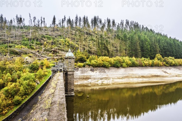 Autumn colors over Pen y Garreg Dam and Reservoir, Elan Valley, Rhayader, Powys, Wales, UK