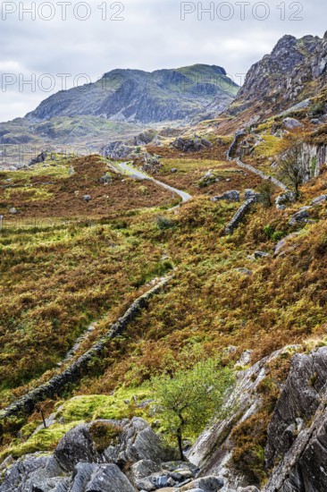 Autumn colors over Mountains and Llyn Cwmorthin Lake, Cwmorthin Terrace, North Wales, UK