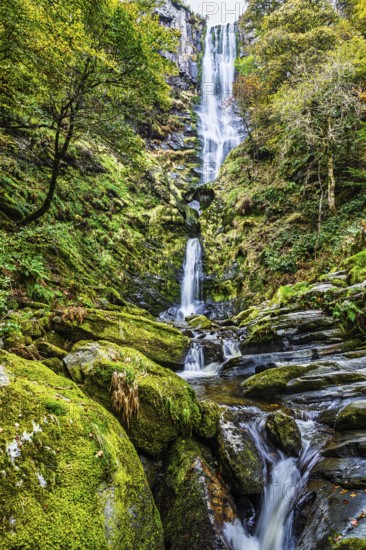 Autumn colors over Pistyll Rhaeadr Waterfall, Berwyn Mountains, Oswestry, Shrewsbury, Wales, UK