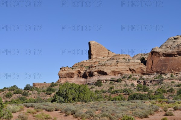 Large, towering rock in a sparsely vegetated desert landscape, Canyonlands National Park, Island in the Sky, Utah, USA
