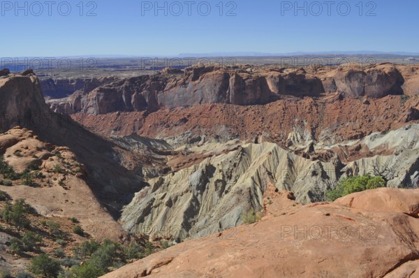 Extensive view of a deep canyon of reddish brown rocks, Canyonlands National Park, Island in the Sky, Utah, USA