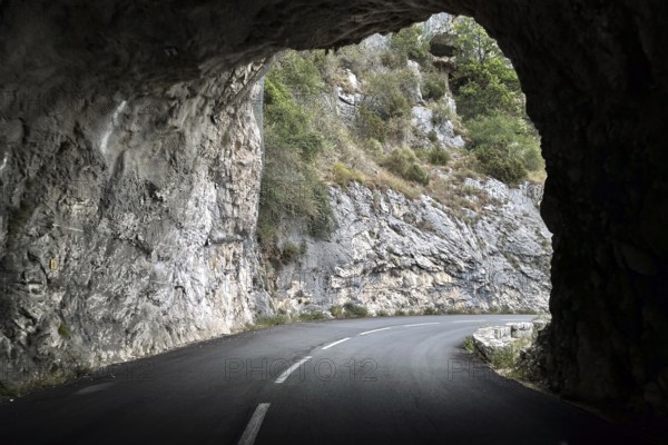 View from moving car on exit through tunnel from the Route de Gentelly mountain road, Greolieres, Alpes-Maritimes department, Provence-Alpes-Côte d'Azur region, France
