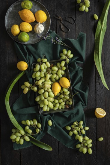 A vibrant display of green grapes, lemons, and limes on a dark wooden surface. The contrasting textures and colors create a fresh and natural composition