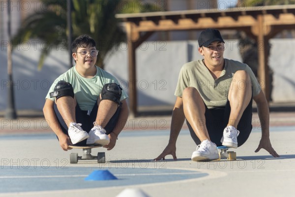 A Down syndrome teenager and his brother practice sports together, enjoying skateboarding outdoors Showcasing a family's bond and inclusivity, they share joyful moments