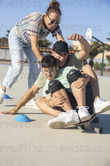 A Down syndrome teenager enjoys a playful skateboard ride with family support in an outdoor setting The image captures joy, inclusion, and the spirit of togetherness