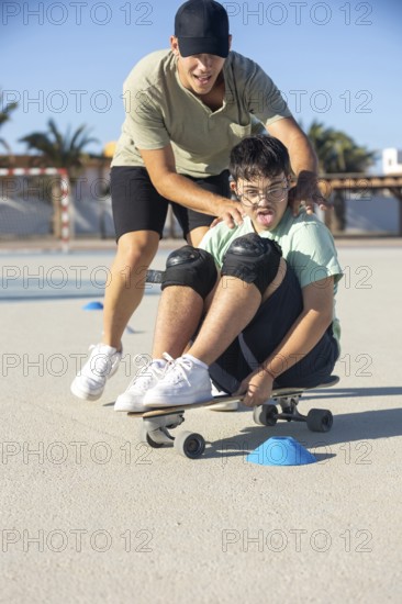 Down syndrome teenager skateboarding with his brother, enjoying an outdoor sports activity together They are having fun under the sun, emphasizing family bonding and inclusion