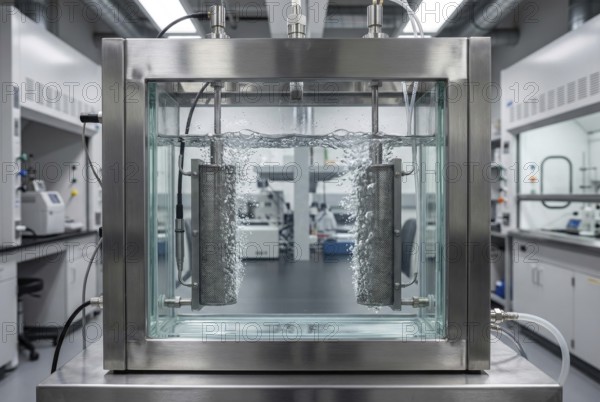 Molecular illustration of the breakdown of water into hydrogen and oxygen during electrolysis, AI generated