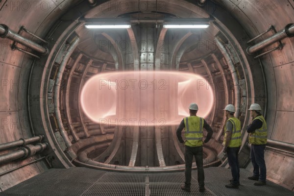 Visualisation of plasma inside a fusion reactor (tokamak) with male employees in the foreground, AI generated