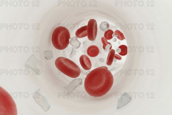 Macro illustration of microplastic particles between red blood cells in human blood, AI generated