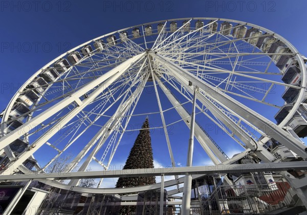 Ferris wheel in front of Christmas tree at Outlet Center Roermond, Factory Outlet Center, Designer Outlet Center, Roermond, Limburg Province, Netherlands
