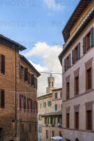 A picturesque street in Siena, Tuscany, framed by colorful traditional houses with wooden shutters. The Torre del Mangia rises in the background under a bright blue sky