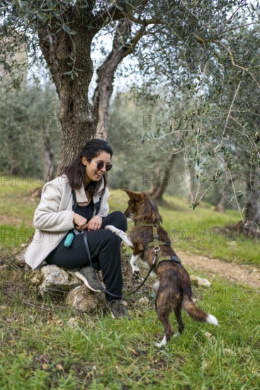 A woman sits on a rock under olive trees, training her dog to sit by offering a treat. The lush greenery and serene environment highlight a peaceful moment in nature