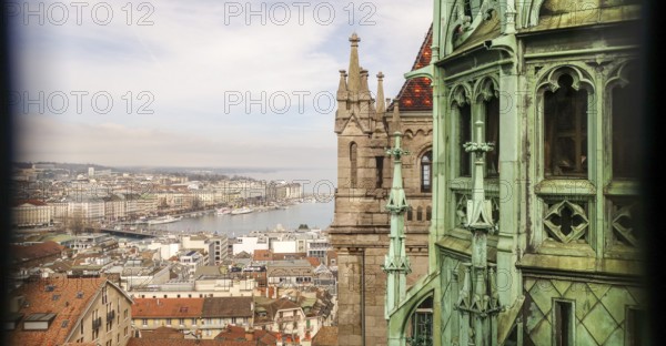 An atmospheric perspective from Geneva Cathedral's spire, showcasing a panoramic view of the city and Lake Geneva, accentuated by historic architectural elements