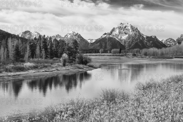 A serene black and white photograph, showcasing the majestic Tetons reflected in the still waters of a river, surrounded by lush forests in Mount Moran from Oxbow Bend in Grand Teton National Park, Wyoming