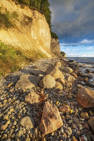 Chalk cliffs and rocky beach with boulders on the Baltic Sea in morning light under a blue sky with dramatic clouds, Jasmund National Park, Rügen Island, Mecklenburg-Western Pomerania, Germany