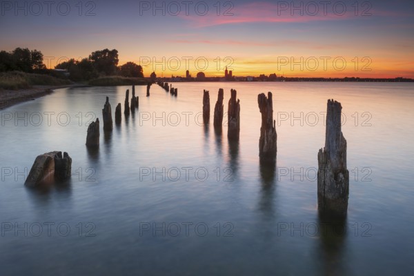 View at sunset over the Strelasund of the skyline of the city of Stralsund with its churches and warehouses in the harbor, in front of old groves, Stralsund, Mecklenburg-Western Pomerania, Germany