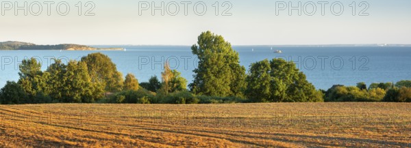 View of a ploughed field with a view of the Baltic Sea, Rügen Island, Mecklenburg-Western Pomerania, Germany