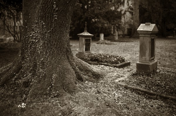 Tombstones, graves, historic old cemetery, black and white, vintage, sepia, Fellbach, Baden-Württemberg, Germany