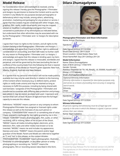 Model Release for Dilara Zhumagaliyeva